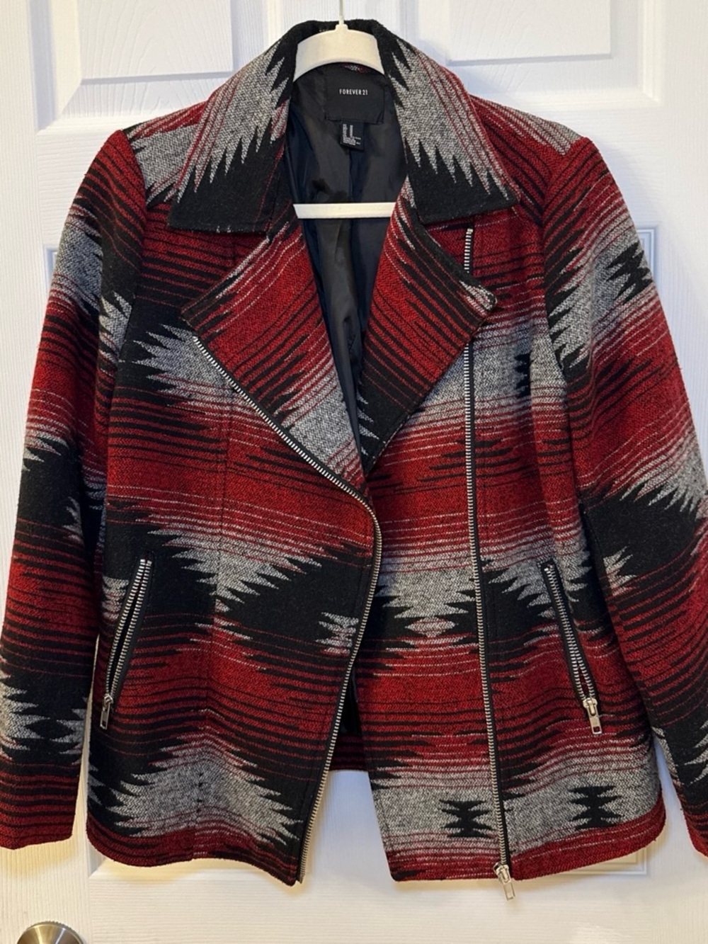 Forever 21 Red, Black & Gray Aztec Moto Jacket